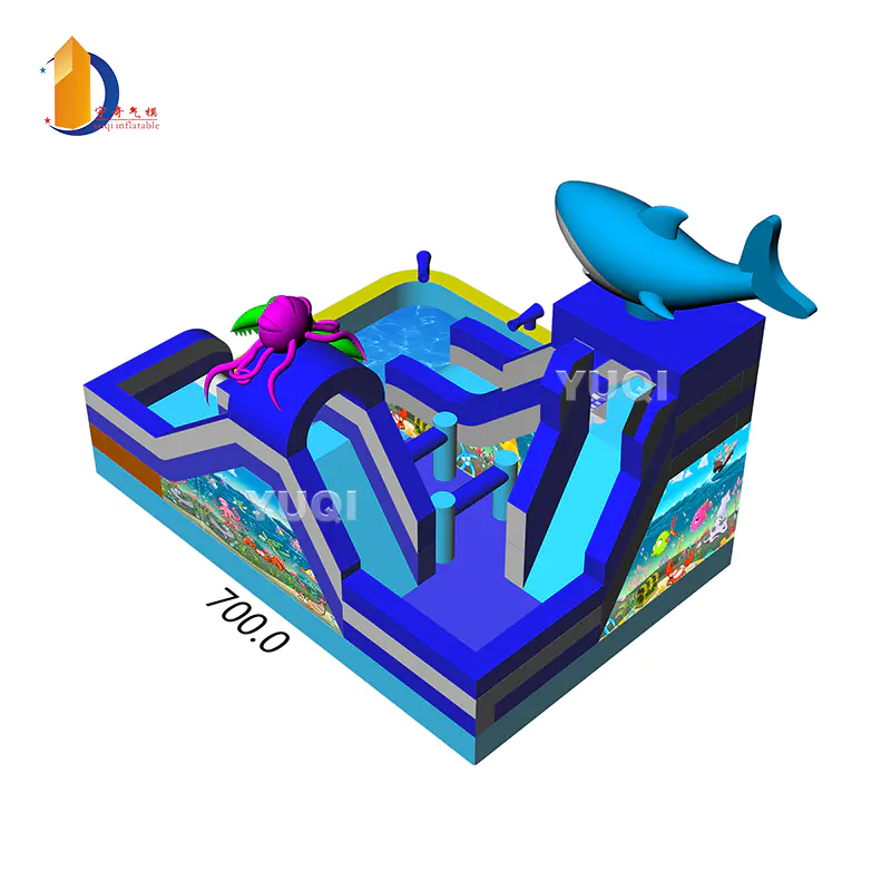 YUQI Shark inflatable water land park inflatable slide with pool